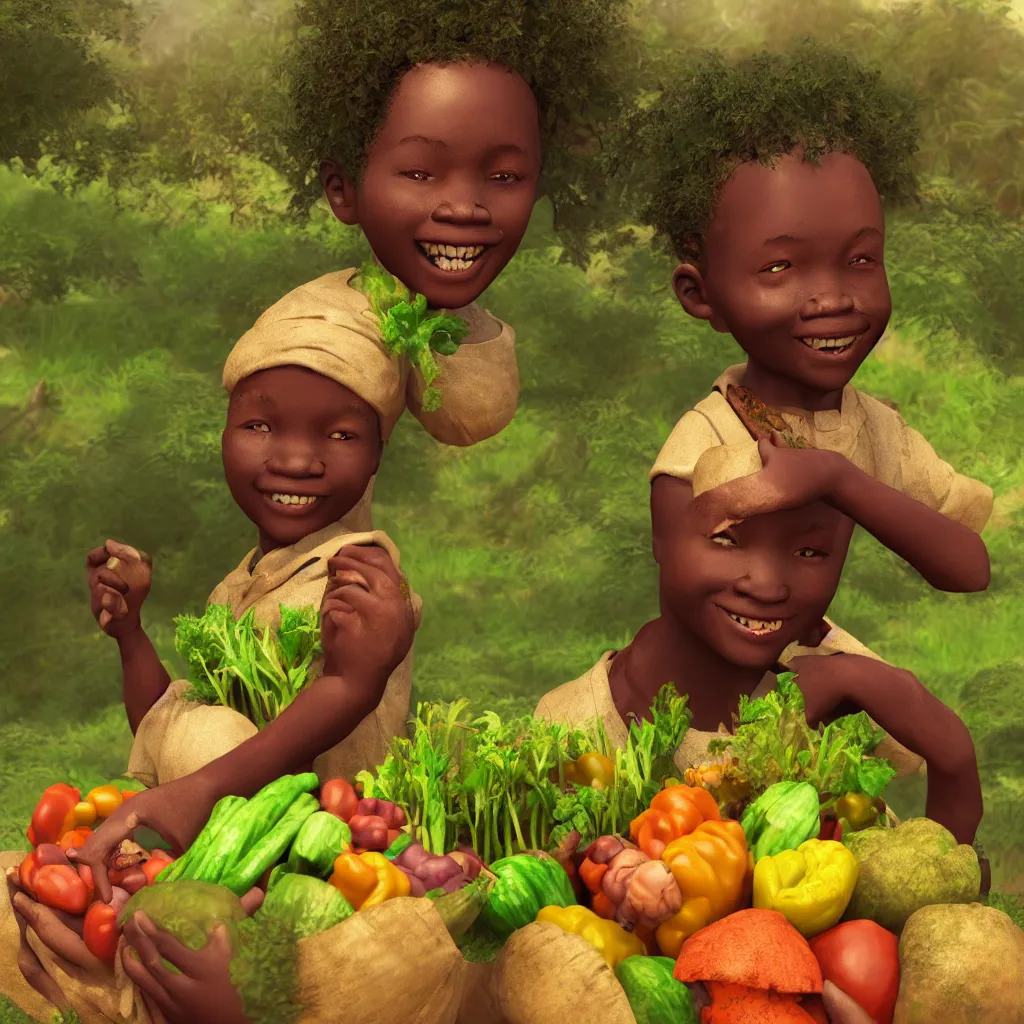 Prompt: Portrait of a Happy African child carrying vegetables in landscape with farm vegetables growing, intricate African jewelry rainbow warrior semi realistic comic, octane render, semi realistic comic art Dr Zeus, happy concept art Akitipe studios, cinematic volumetric lighting, ethereal divine details, Leonardo DaVinci detail A harmonious integration+8k