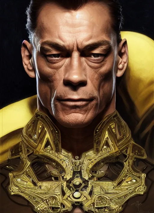 Image similar to symmetry!! jean claude van damme, machine parts embedded into face, intricate, elegant, highly detailed, digital painting, artstation, concept art, smooth, sharp focus, illustration, art by artgerm and greg rutkowski and alphonse mucha, 8 k