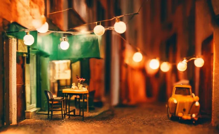 Prompt: mini cafe diorama macro photography, alleyway, ambient, atmospheric photograph, colorful string lights, romantic