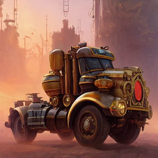 Prompt: a happy steampunk construction truck transformer, highly detailed, digital painting, artstation, concept art, sharp focus, illustration, d & d, fantasy, hearthstone, art by artgerm and greg rutkowski and alphonse mucha