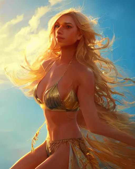 Image similar to summer vibes, beautiful sun tanned goddess, flowy golden hair, sun, summer, cinematic lighting, highly detailed, digital painting, trending on artstation, pixiv, concept art, sharp focus, illustration, art by ross tran and wlop