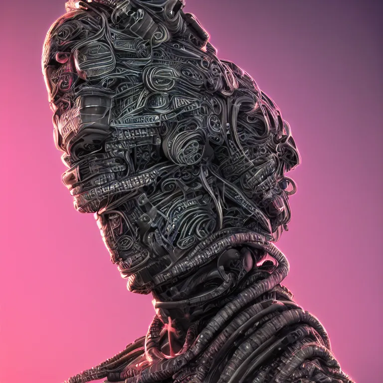 Image similar to surreal spinal ribbed tribal exotic organic face portrait of a cyberpunk fighter, beautiful detailed intricate insanely detailed 3D render digital art, octane render, 8K artistic photography, photorealistic, neon lights