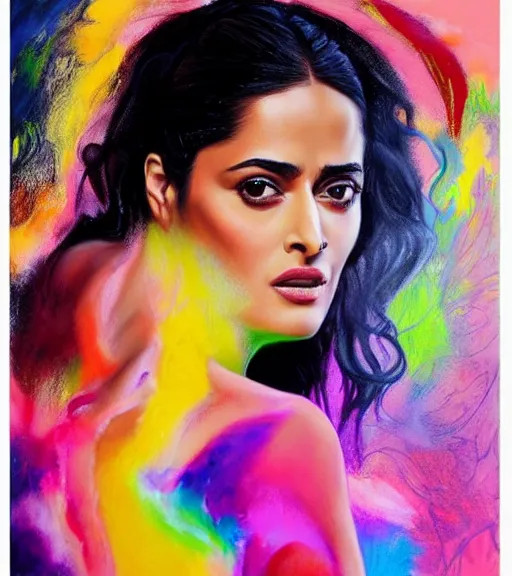 Prompt: beautiful painting of salma hayek, contemporary, colorful acrylic, airbrush painting, realistic portrait by kehinde wiley and archan nair, colored pencil sketch, hyperrealism, pastel chalk, oilpastels