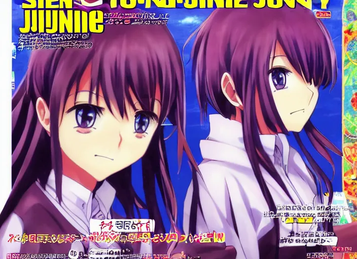 Image similar to ; weekly shonen jump issue 1 4, cover, 2 0 0 0 clannad shuffle toheart event'anime illustration japanese very very beautiful cute girls doing cute things trending on artstation pixiv makoto shinkai smiling super detailed eyes eyebrowless symmetry face visual novel hairpin star