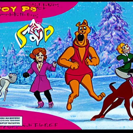 Prompt: scooby doo on ice, ps 1 box art,