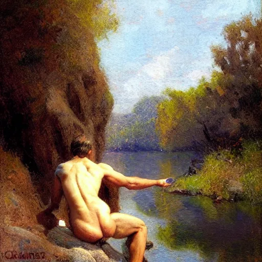 Image similar to muscular young man by the river, painting by Gaston Bussiere, Craig Mullins