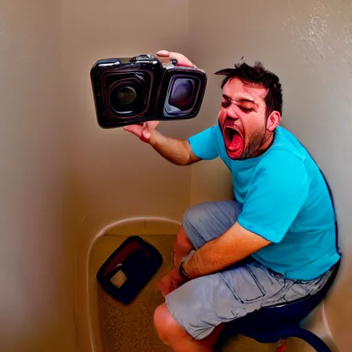 Image similar to Man screaming from ache sitting on toilet, wide angle photo, portrait, shot on gopro, action shot, real photo