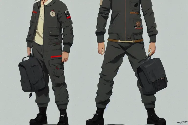 Image similar to character sheet of handsome young man wearing ma - 1 flight suit jacket and work pants, blonde hair, by greg rutkowski and studio ghibli, digital art, trending on artstation, highly detailed, concept art, beautiful, masterpiece