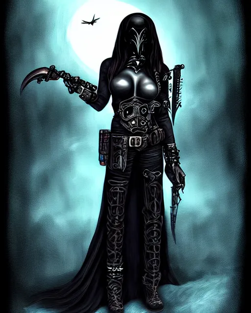 Prompt: bounty hunter, a digital painting by anne stokes, deviantart contest winner, gothic art, gothic, goth, dark and mysterious