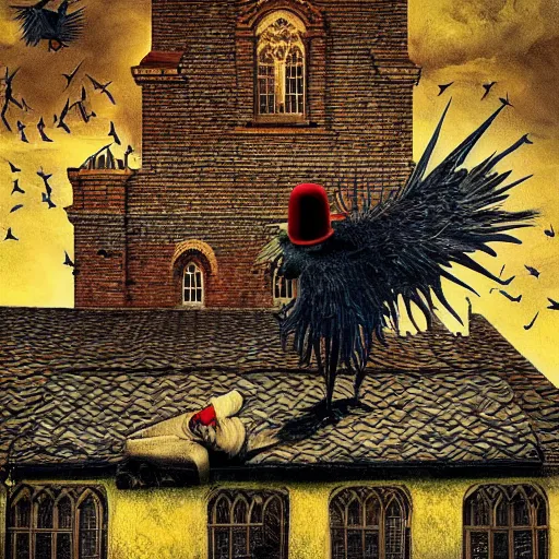 Prompt: a clown on the roof of the church playing with crows, by android jones and m. c. escher collaboration, futurist, digital art, dramatic lighting, symbolic