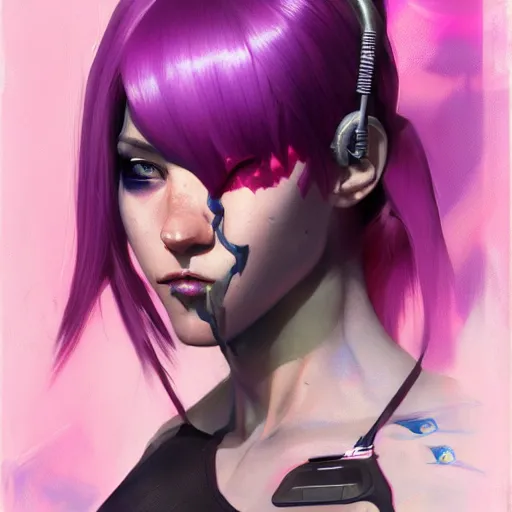 Image similar to cyborg girl with fangs, purple and pink hair, realistic shaded lighting poster by ilya kuvshinov katsuhiro otomo, magali villeneuve, artgerm, jeremy lipkin and michael garmash and rob rey