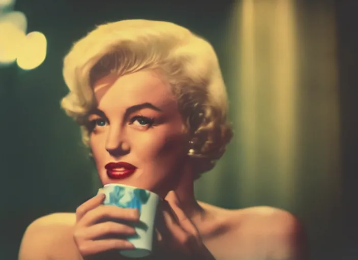 Prompt: A close-up, color cinema film still of a marlin monroe drinking coffee at a starbucks, ambient lighting at night.