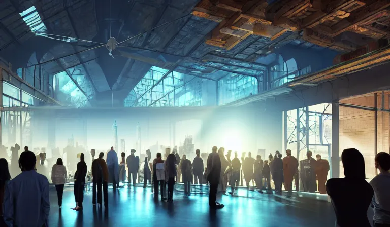 Image similar to crowd of people in simple walled warehouse, looking at hologram of futuristic city on a table, cinematic concept art, godrays, golden hour, natural sunlight, 4 k, clear details, tabletop model buildings, center model buildings, hologram center, crane shot, crane shot, crane shot