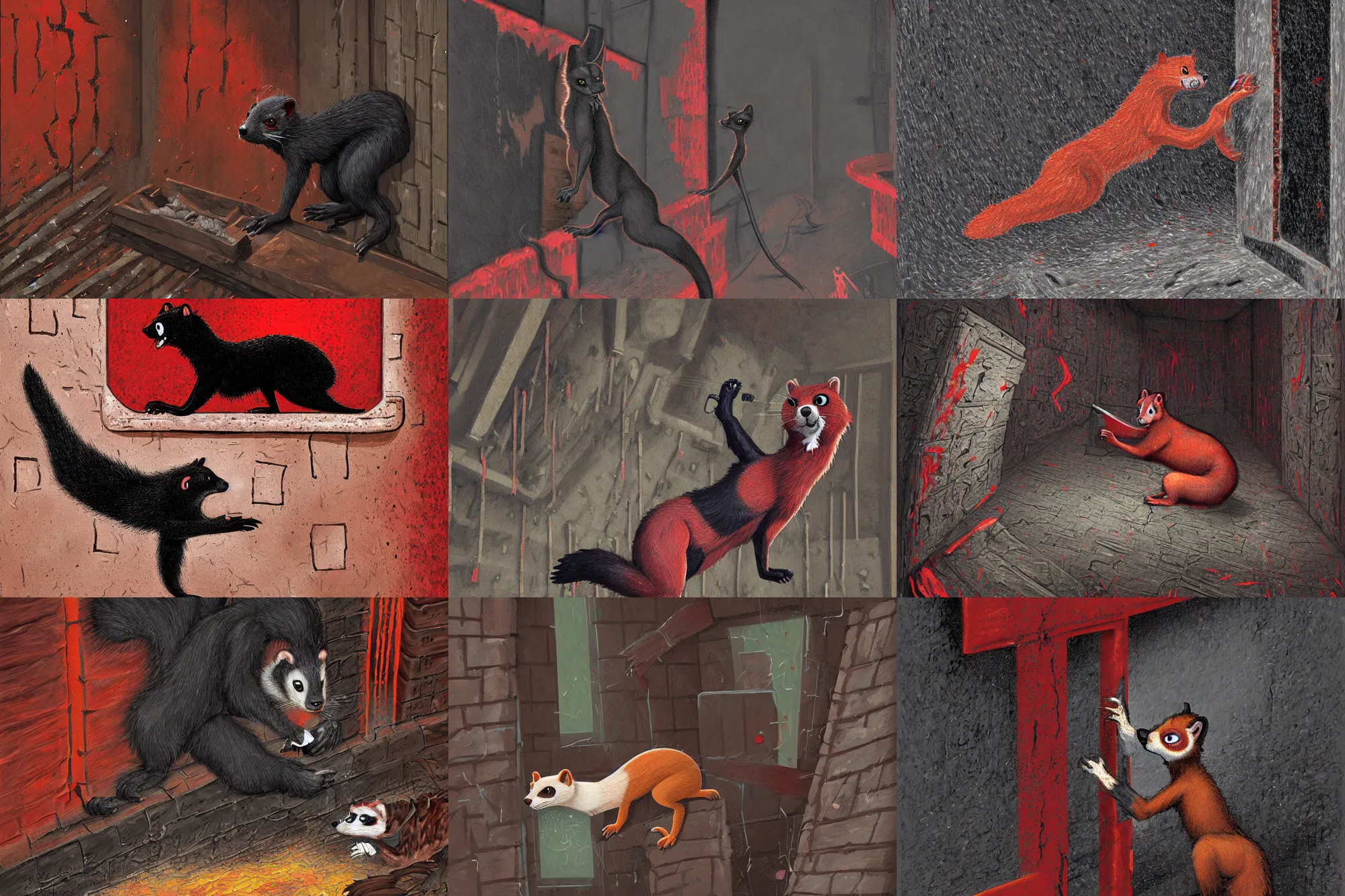 Prompt: a digital painting of a red - and - black weasel / stoat fursona / furry ( character from the furry fandom ), scratching and chiseling on a prison cell wall in order to create cracks and impressions, embraced by blessed madness, the paint flows through the nooks and crannies of the partition, the art style of paul lehr gone dark