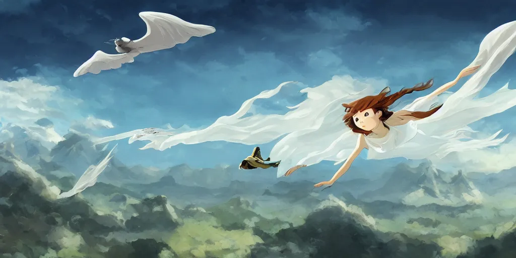 Image similar to A girl flying with a bird-shaped white glider over the clowds, Nausicaa of the Valley of the Wind, Miyazaki Hayao, ghibli style, highly detailed, digital painting, concept art, sharp focus, illustration