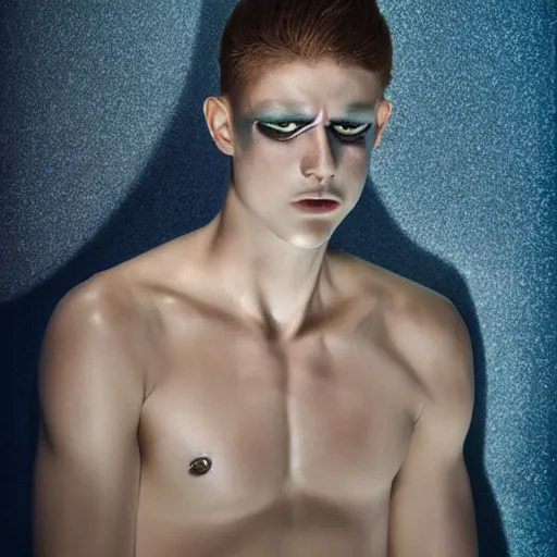Image similar to an holographic beautiful young athletic male ghost, photographed by erwin olaf