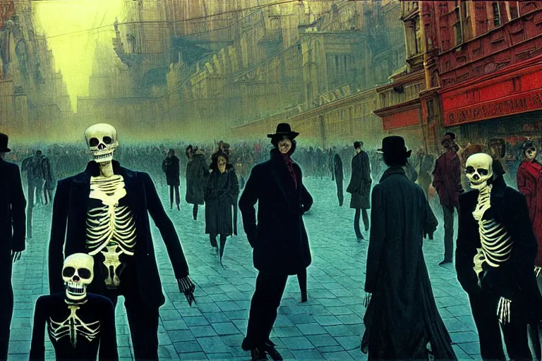 Image similar to realistic detailed photorealistic film portrait shot of a single skeleton wearing crimson velvet blazer in a crowded futuristic moscow street by Denis Villeneuve, Amano, Yves Tanguy, Alphonse Mucha, Ernst Haeckel, Andrei Tarkovsky, Edward Robert Hughes, Roger Dean, rich moody colours, wide angle, blue eyes