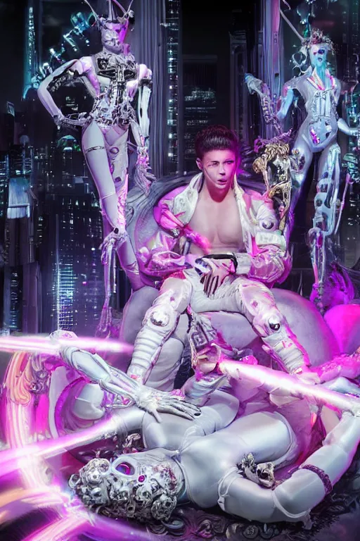 Prompt: full-body rococo and cyberpunk style neon statue of a muscular attractive Nick Jonas macho dotado e rico android sim roupa reclining con las piernas abertas e la piroca dura, glowing white laser eyes, prince crown of pink gears, diamonds, swirling silver-colored silk fabric. futuristic elements. full-length view. space robots. human skulls. intricate artwork by caravaggio. Trending on artstation, octane render, cinematic lighting from the right, hyper realism, octane render, 8k, depth of field, 3D