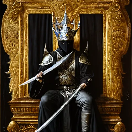 Image similar to full body portrait of masked king in black gothic robes sitting on a throne of swords, elegant, highly detailed painting by gaston bussiere, craig mullins, j. c. leyendecker, 8 k, mid shot