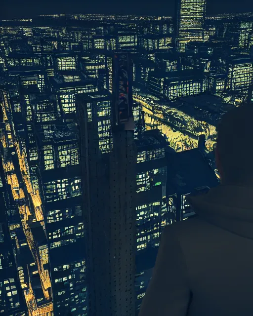 Image similar to a unreal engine rendered night rooftop scene by Liam Wong, neon lights in the city below, close up shot of a photorealistic gangster wearing a trench coat looking at the city below, dark mood, octane render, unreal engine, raytracing