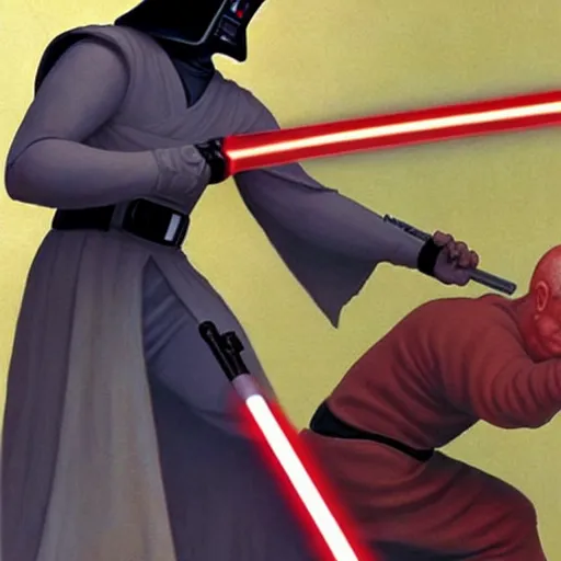 Prompt: Jedi vs Sith: a fighting pose for a lightsaber movie by Ralph McQuarrie