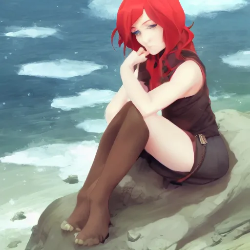 Prompt: a girl with red hair sitting on a rock, full body illustration, 8 k resolution, soft painting, by hidari and krens cushart