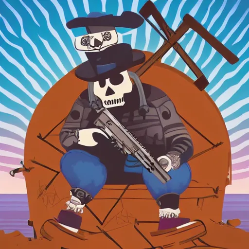 Prompt: digital art, trending on artstation, manny calavera sitting with a rifle, in a cabin, on a lake, sunrise, grim fandango style,