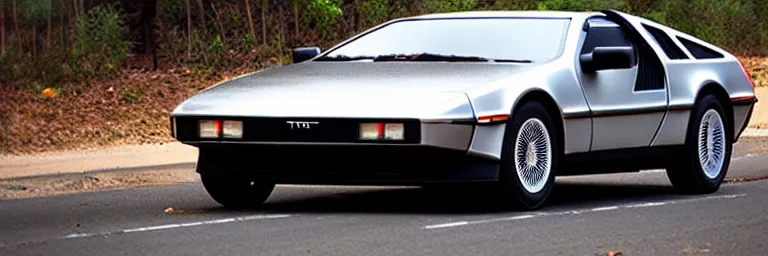 Image similar to a single delorean and tesla roadster hybrid, dslr