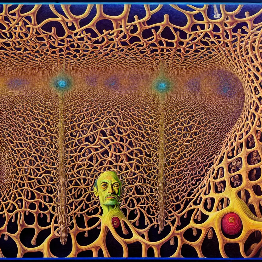 Image similar to infinite fractals of neurons, consciousness, recursion, surreal, by salvador dali and mc escher and alex grey, oil on canvas, hd, dreams, intricate details, warm colors