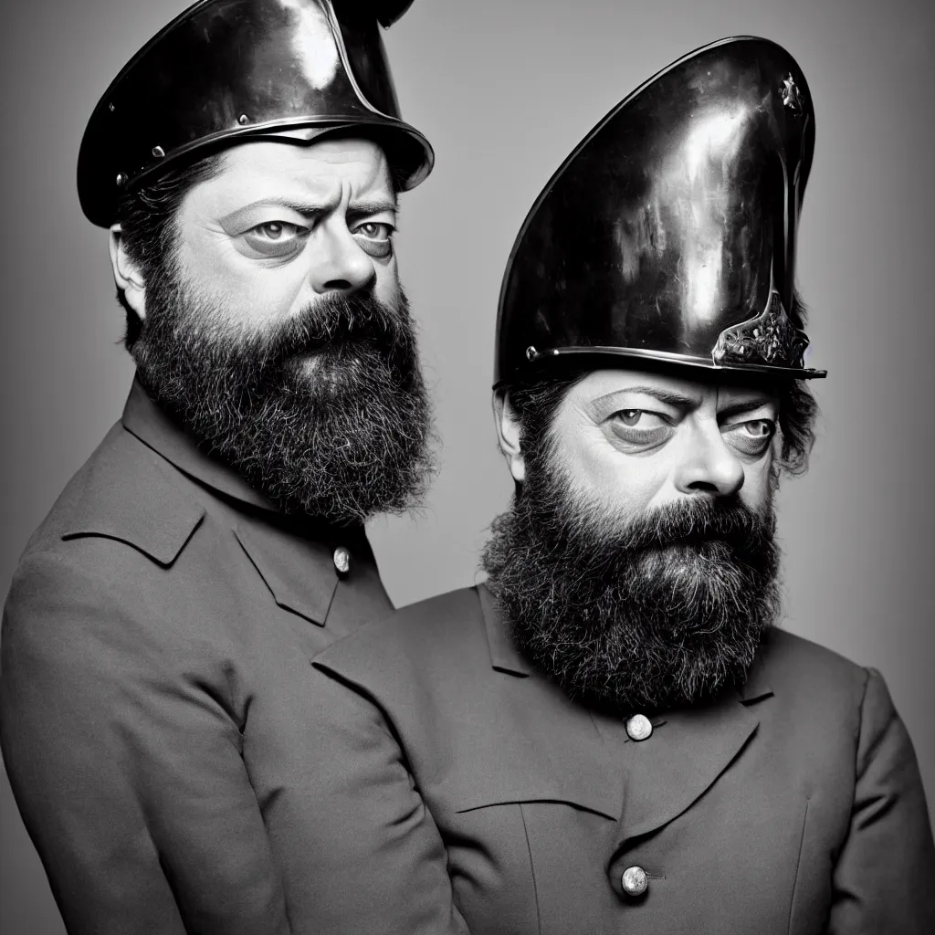 Prompt: An Alec Soth portrait photo of Nick Offerman wearing Prussian Pickelhaube Helmet