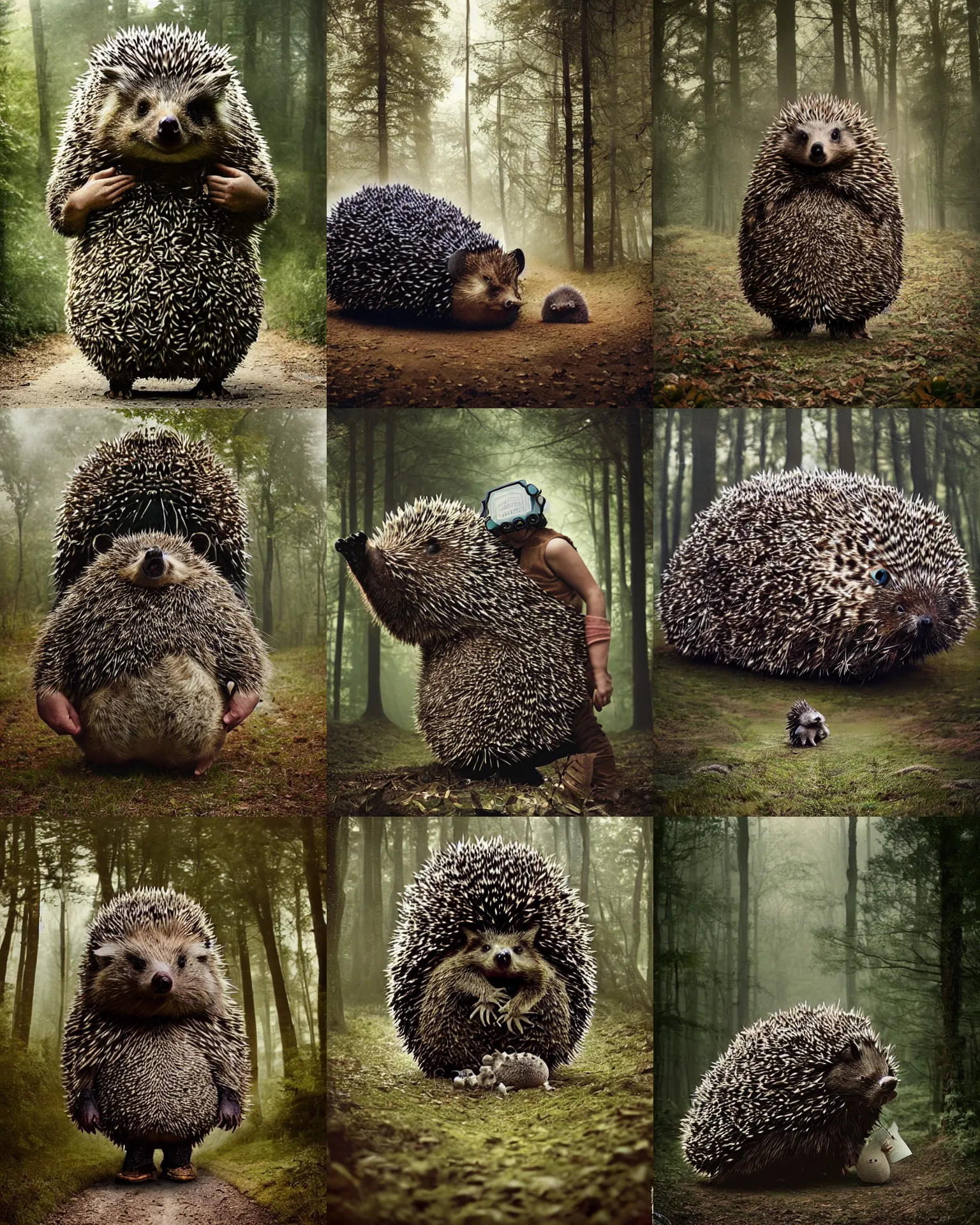 Prompt: giant oversized bulky chubby massive hedgehog in medieval wacky war mech battle armor,and hedgehog babies ,on forest path , full body , Cinematic focus, Polaroid photo, vintage , neutral dull colors, foggy , by oleg oprisco , by thomas peschak, by discovery channel, by victor enrich , by gregory crewdson