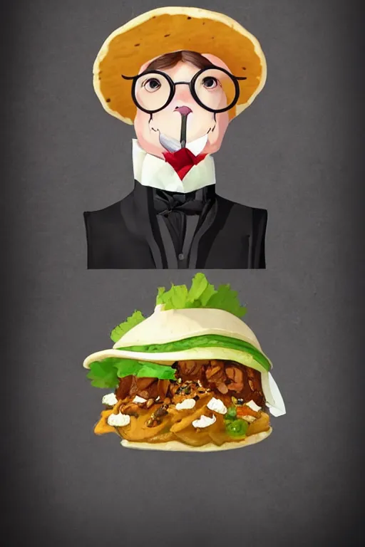 Image similar to a portrait of a handsome taco!!!! wearing a monocle and a victorian suit, ( ( character concept art ) ), headshot, trending on artstation, culinary photography of a delicious taco in a tuxedo