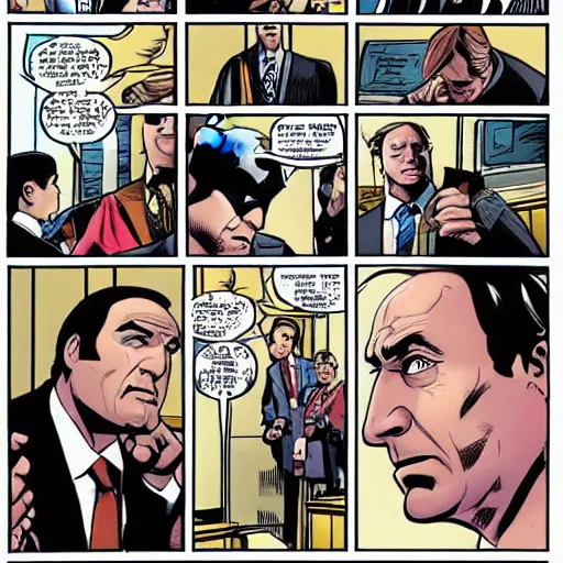 Prompt: Saul Goodman vs Batman in a courtroom, comic book page