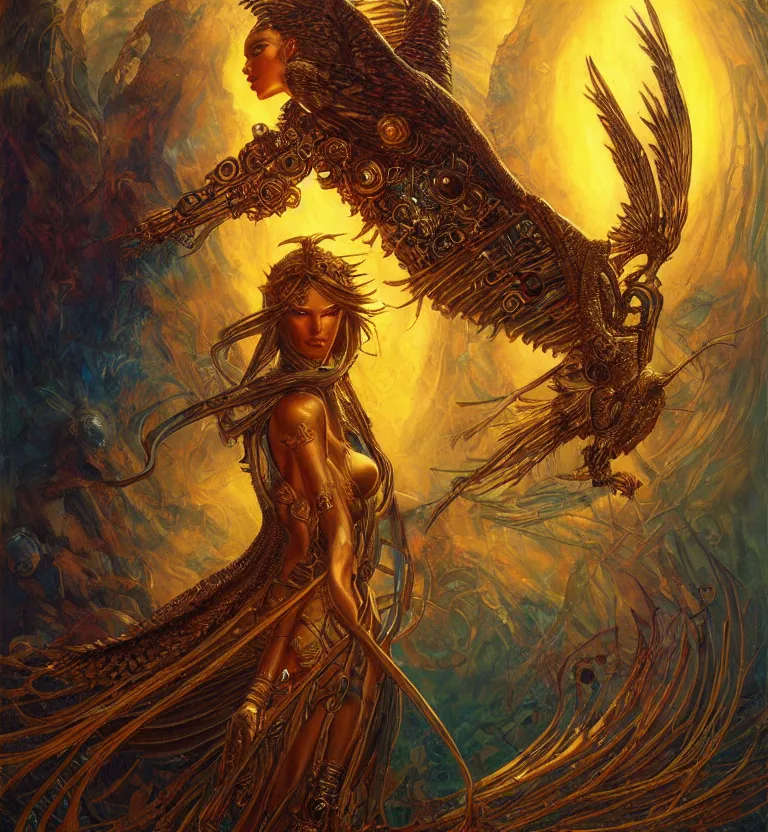 Image similar to a beautiful tarot card artwork of a cyberpunk seraphim in nature, backlit, highly detailed, golden hour, digital painting, by karol bak and justin gerard and dan mumford and artgerm, vivid colors, masterpiece, detailed shading, 8 k resolution, intricate, smooth