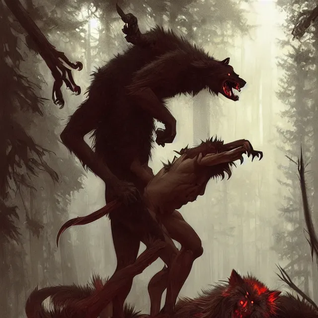 Image similar to a male werewolf with long claws fighting a young fit male vampire in a dark forest at night, by greg rutkowski and alphonse mucha, gradient brown to red, highly detailed, digital painting, artstation, concept art, smooth, sharp focus illustration