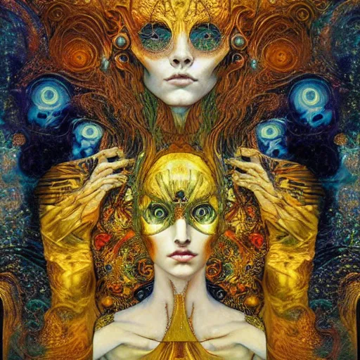 Image similar to Divine Chaos Engine by Karol Bak, Jean Deville, Gustav Klimt, and Vincent Van Gogh, beautiful visionary mystical portrait, sacred, otherworldly, fractal structures, ornate gilded medieval icon, third eye, spirals