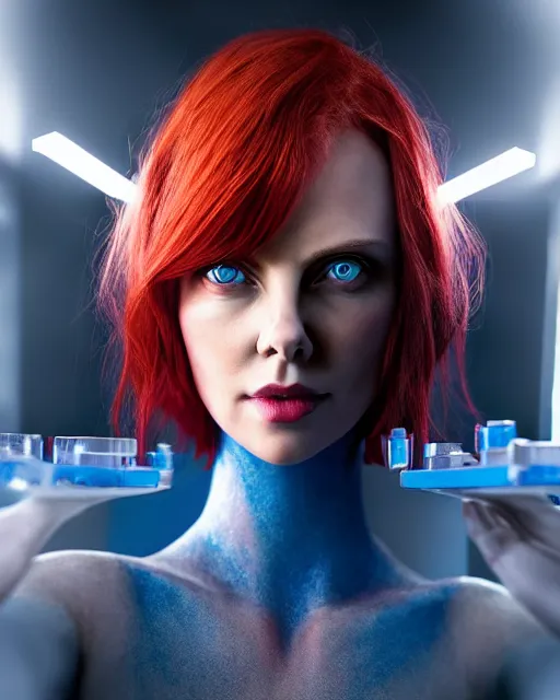 Image similar to perfect red haired attractive goddess with blue eyes, beautiful, symmetric, dreamy, pretty face, charlize theron, detailed, scifi platform, laboratory, experiment, 4 k, ultra realistic, epic lighting, illuminated, cinematic, masterpiece, art by sakimi chan