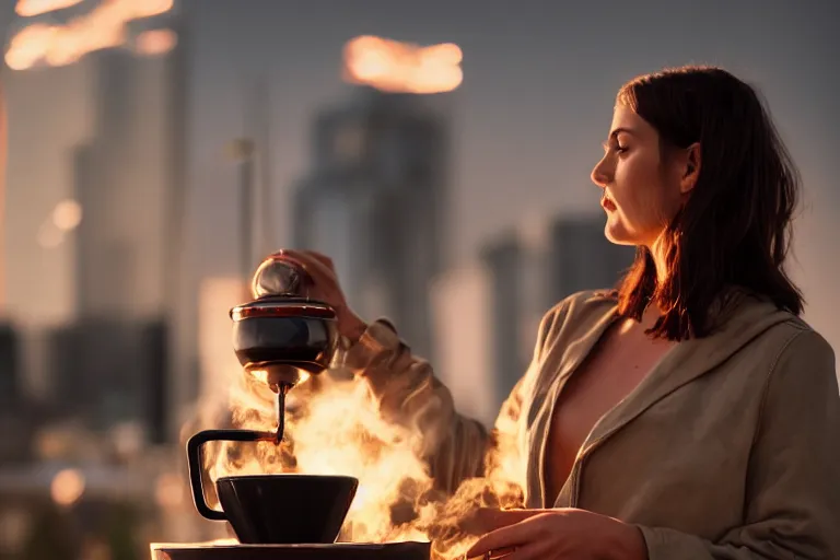 Image similar to hyperrealistic portrait of stunningly beautiful female nordic barista scarlet Johnson , brewing a V60 coffee outdoor, lit by dawn light, busy city on background, trending on artstation,ultrawide angle, f8 , polarizer , unreal engine