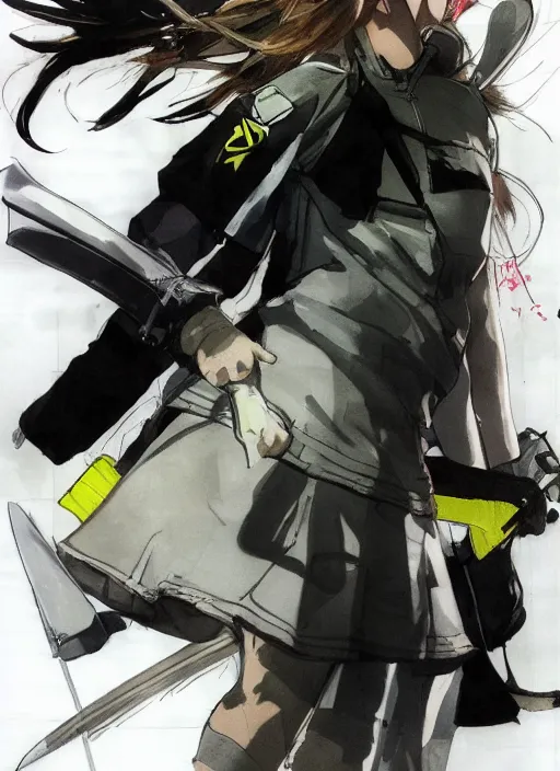 Prompt: a yoji shinkawa sketch of a ninja tennis player girl holding a sword wearing a puffy anorak and short white skirt and yeezy 5 0 0 sneakers