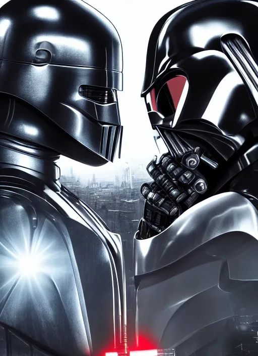 Image similar to Film poster, RoboCop VS Darth Vader, faces look at each other, detailed and realistic, 4k, filmic render