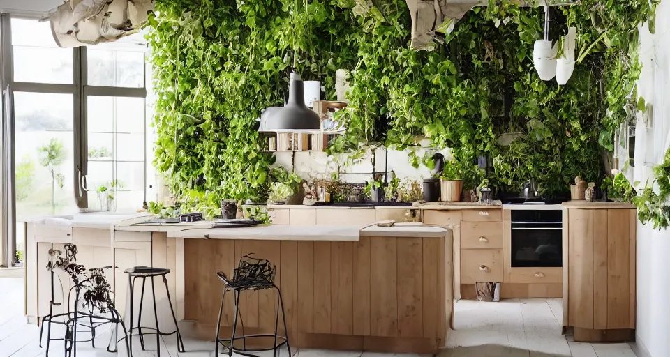 Image similar to IKEA catalogue photo, high end farm house style kitchen, sand piled in corners, dust, organic, vines, overgrown, tropical, by Dali