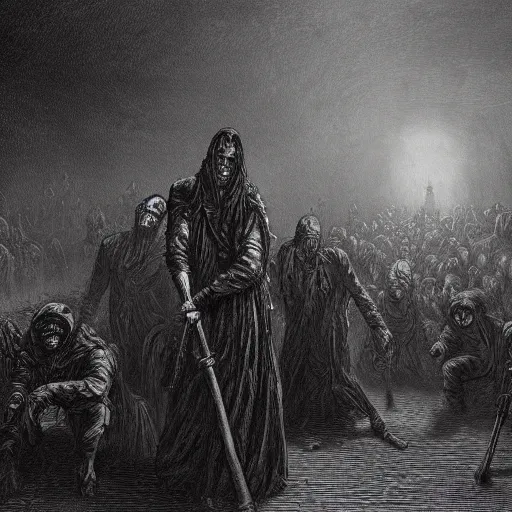 Image similar to 9 steel barrels in a graveyard, zombies, creepy atmosphere, dark, portrait, realistic, very realistic, illustration by gustave dore