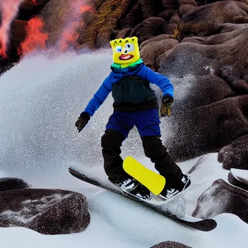 Image similar to spongebob snowboarding on lava