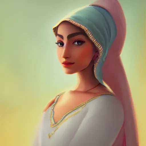 Image similar to a portrait of an arabian princess in a disney movie, oil painting, pale colors, high detail, 8 k, wide angle, trending on artstation,