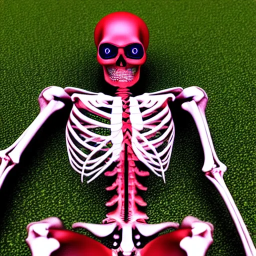 Prompt: humanoid skeleton with glowing red eyes, sitting on green grass, photorealistic, very detailed