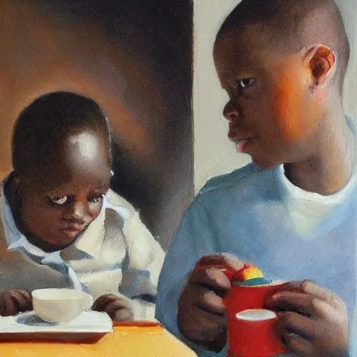 Prompt: little boy drinking hot chocolate and looking at his father wallet he hold in hand. in the background the father looking for his wallet. painting.