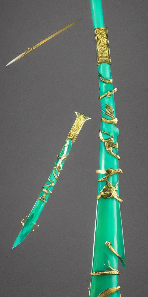 Image similar to photograph of a large green and teal crystal sword with a gold sword hilt