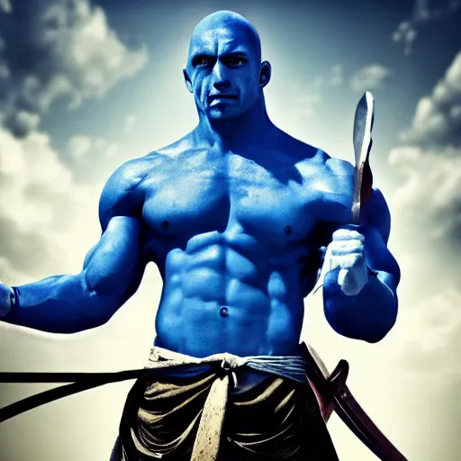 Image similar to blue skinned muscular man, swords in hands, 4 hands, HD, anime,