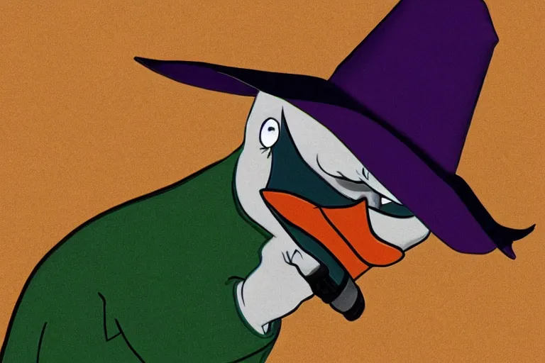 Image similar to duck wearing purple hat and cape and zoro mask by Roger Deakins