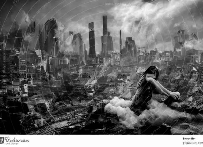 Image similar to mysterious sad rotten girl wrapped in smoke observing a big industrial city metropoli in the distance, cloudy sky, highly detailed, detailed face, intricate complexity, epic composition, magical atmosphere, cinematic lighting, masterpiece, color picture, ultra hd